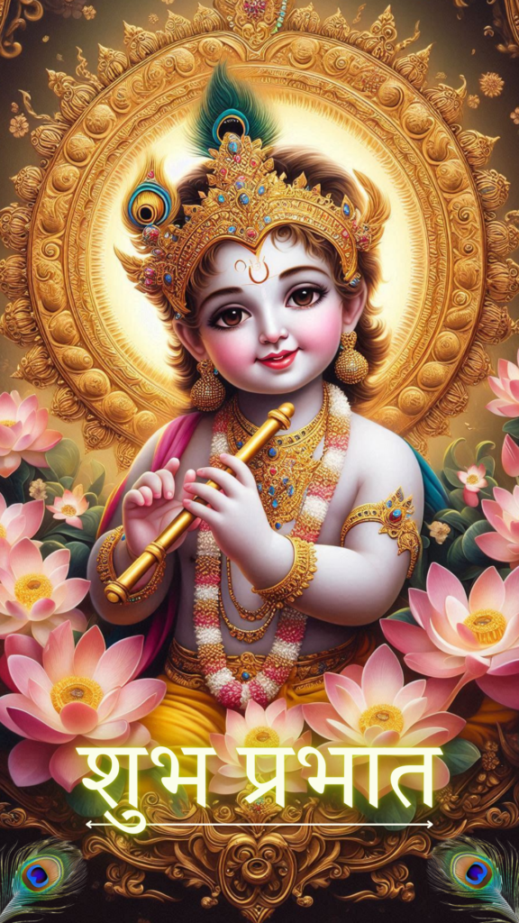 Radha krishna good morning images - kanha ji holding flute in his hands. He is surrounded by pink lotus.
