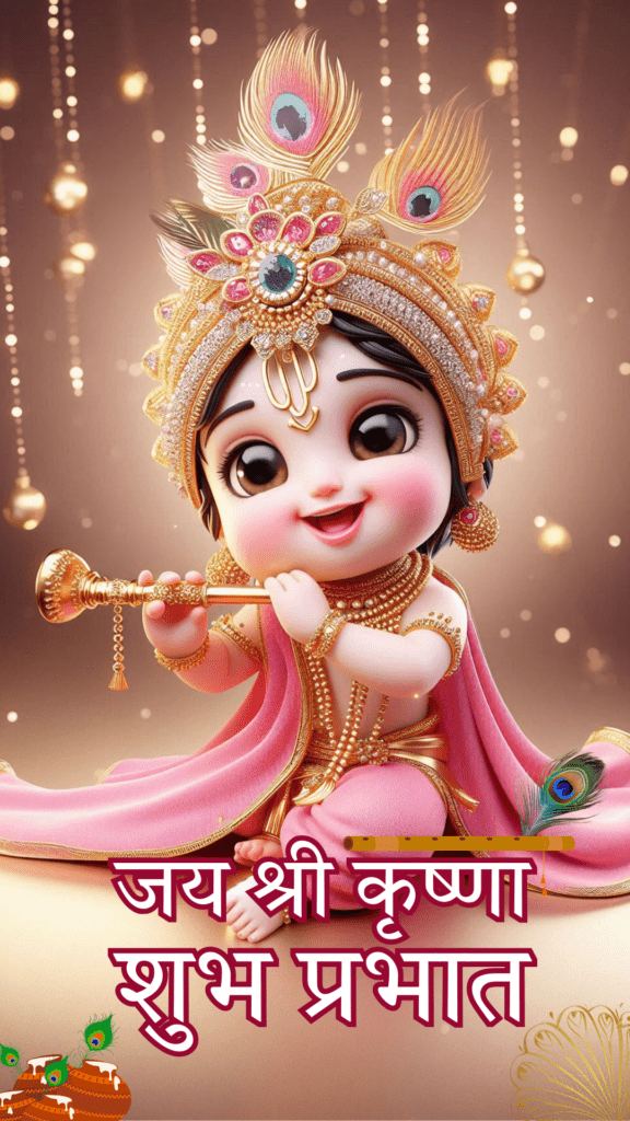 Radha krishna good morning images - kanha ji holding flute in his hands. He is wearing pink dhoti.