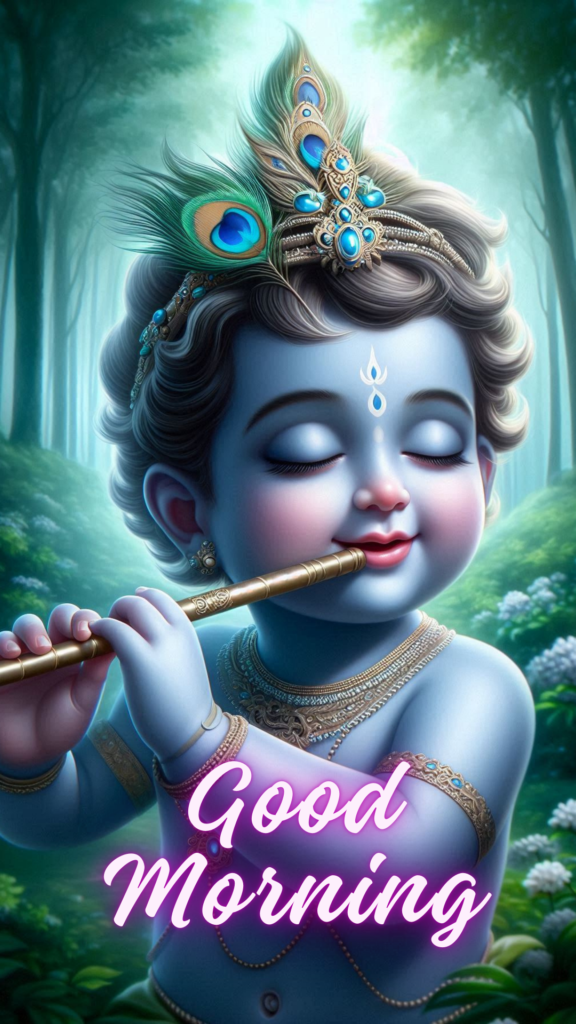 Radha krishna good morning images - kanha ji playing flute in green serene forest.