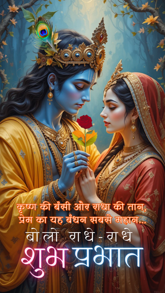 Radha krishna good morning images - krishna giving a red rose to Radha. Radha wearing peach color dress.