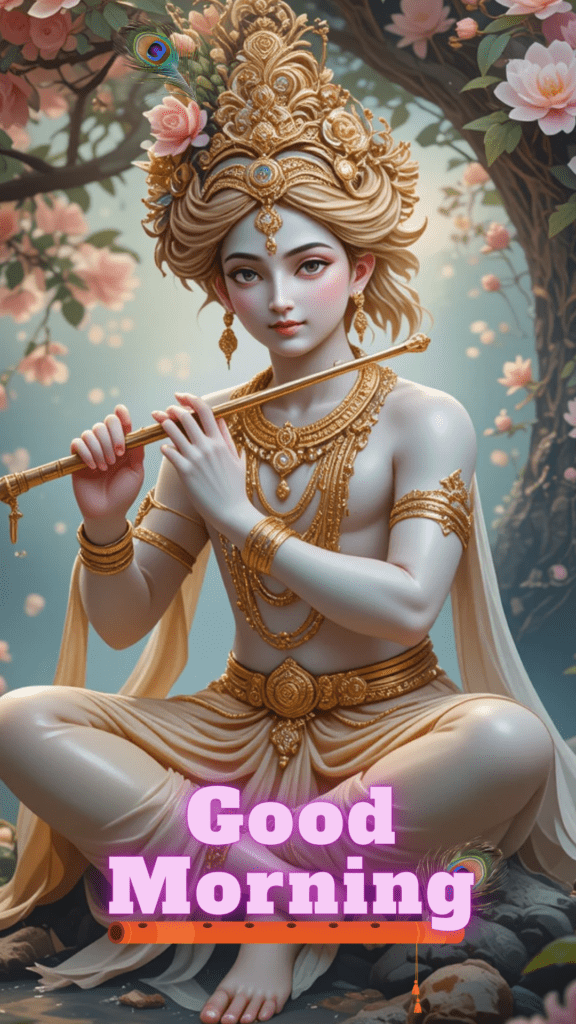 Radha krishna good morning images -lord krishna playing flute, wearing gold ornaments and crown. Pink flowers are blooming in background.