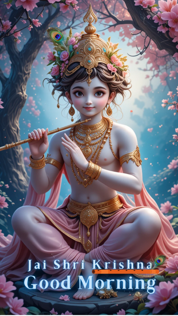 Radha krishna good morning images -lord krishna playing flute, wearing pink dhoti. Pink flowers are blooming around him.