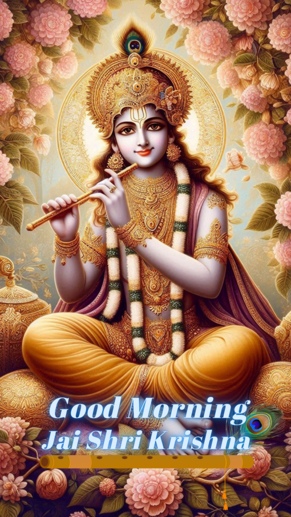 Radha krishna good morning images -lord krishna playing flute, wearing yellow dhoti. Pink flowers are blooming in background.