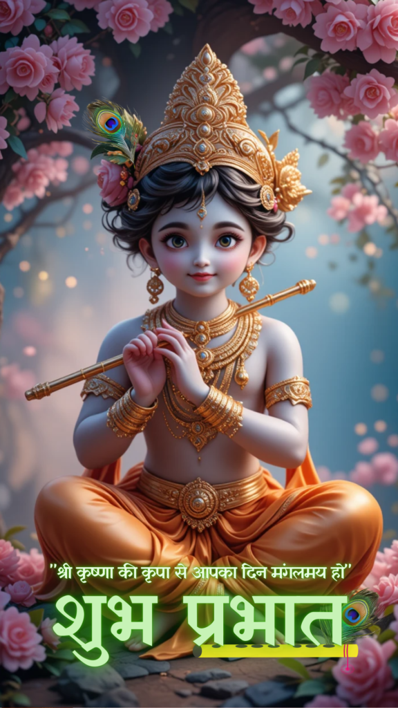 Radha krishna good morning images -lord krishna playing flute, wearing yellow dhoti. Pink flowers are blooming in background.