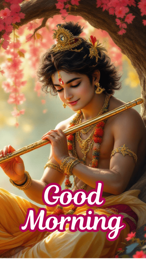 Radha krishna good morning images -lord krishna sitting under the tree and playing flute, wearing yellow dhoti.