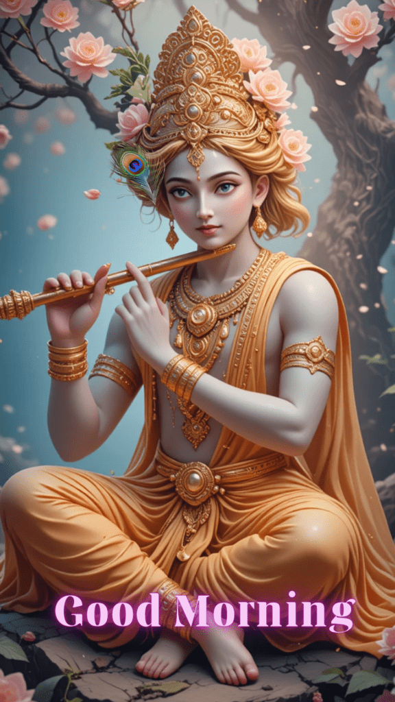 Radha krishna good morning images -lord krishna sitting under the tree, playing flute, wearing yellow dhoti.