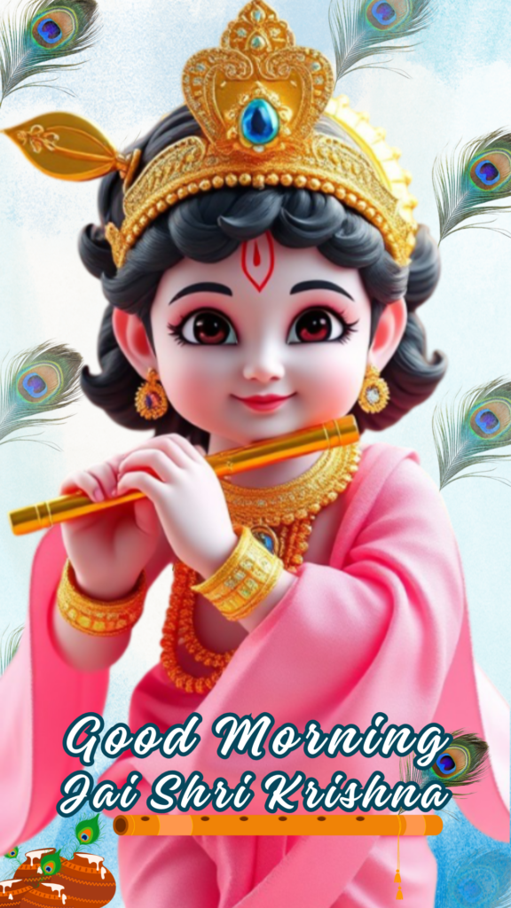 Radha krishna good morning images -  young Lord Krishna adorned with gold crown and ornaments and playing flute.