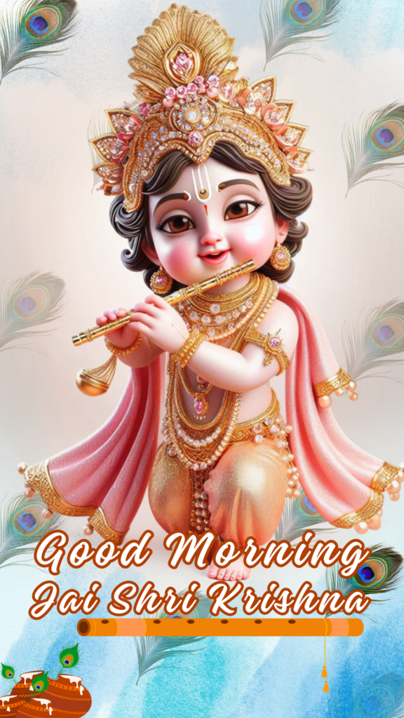 Radha krishna good morning images -  young Lord Krishna adorned with gold crown and playing flute.