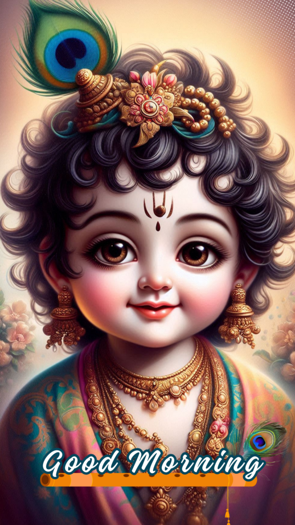 Radha krishna good morning images -  young Lord Krishna adorned with peacock feather crown