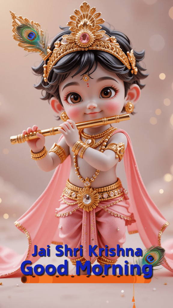 Radha krishna good morning images -  young Lord Krishna adorned with peacock feather crown and ornaments and playing flute.