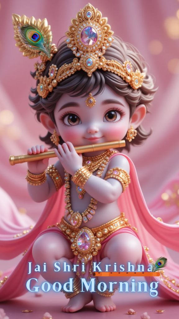 Radha krishna good morning images -  young Lord Krishna adorned with peacock feather crown and playing flute.