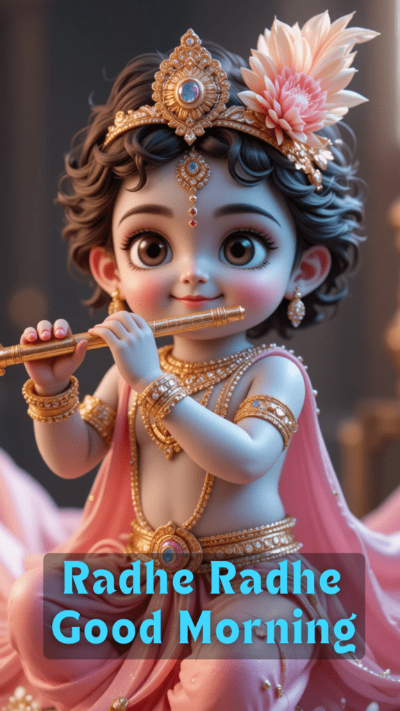Radha krishna good morning images -  young Lord Krishna playing flute. he is wearing Pink dhoti.