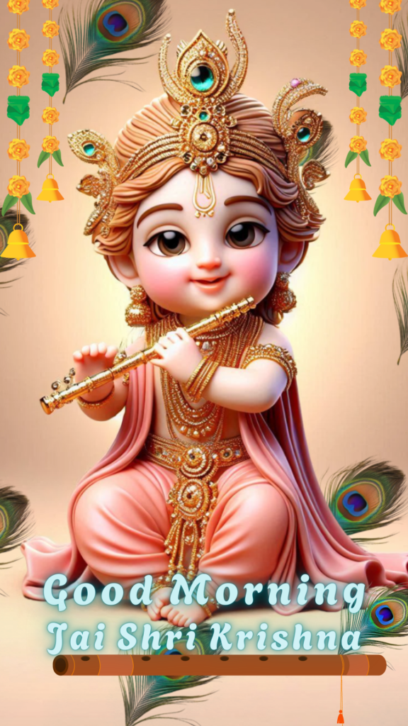 Radha krishna good morning images -  young Lord Krishna sitting holding flute. he is wearing Pink dhoti.