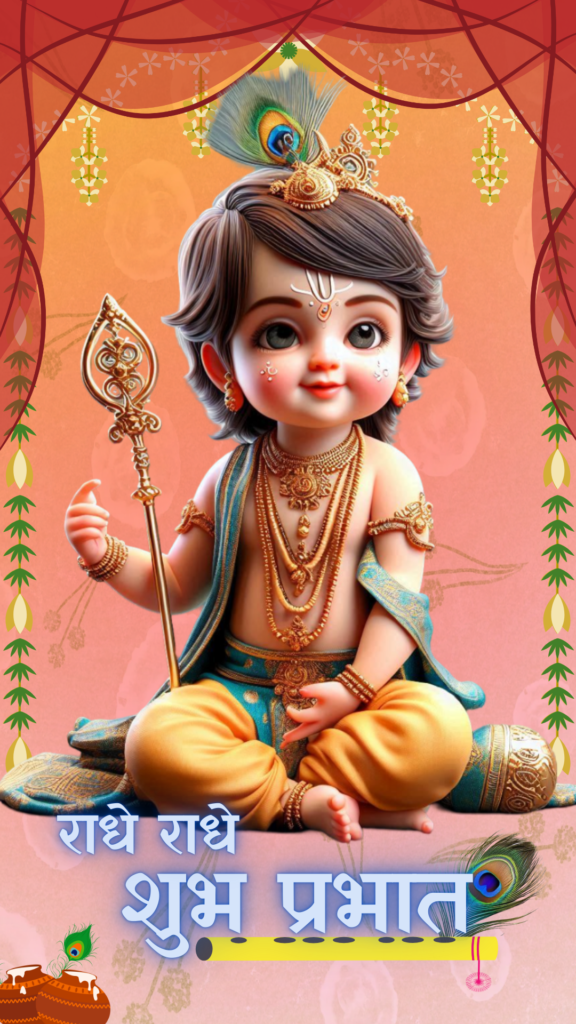 Radha krishna good morning images -  young Lord Krishna sitting holding flute. he is wearing yellow dhoti.