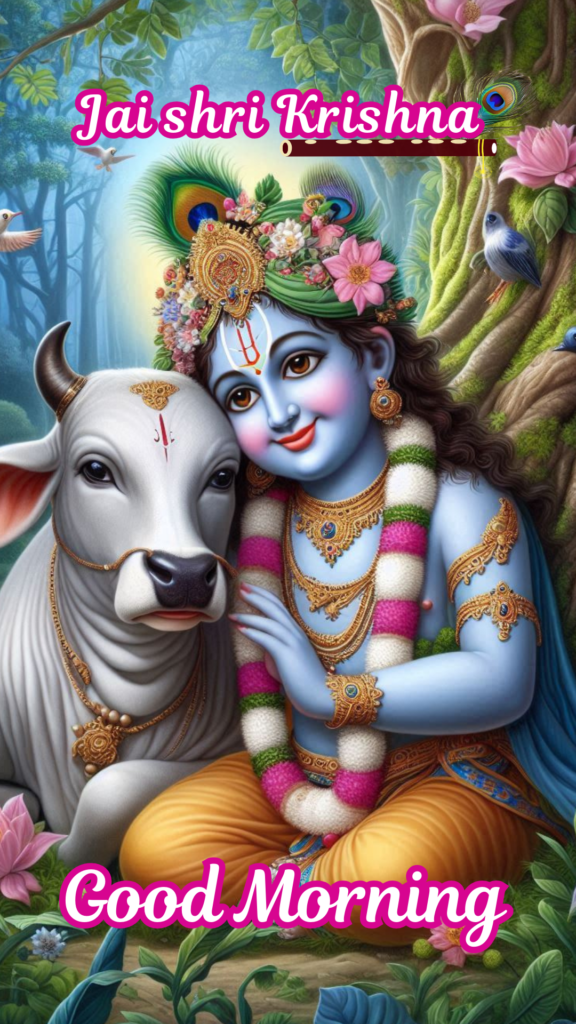 Radha krishna good morning images -  young Lord Krishna sitting with a cow, showing his love and care to the cow.