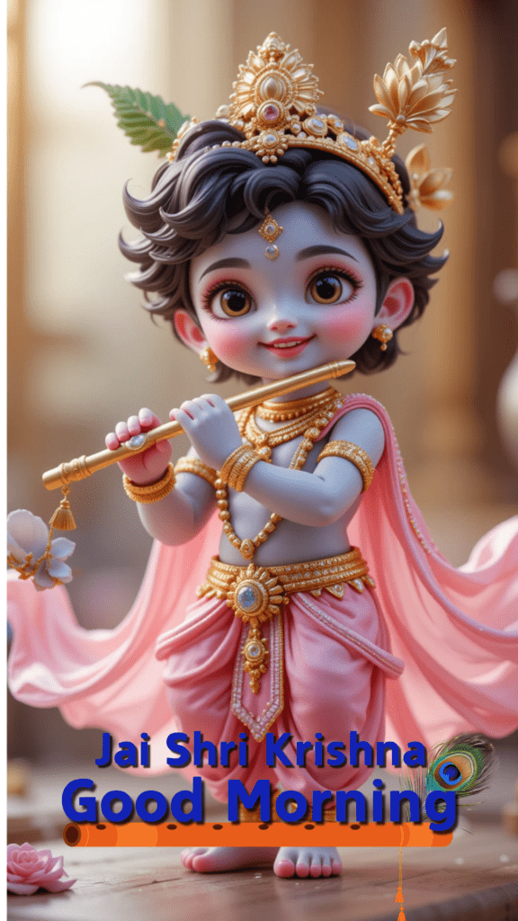 Radha krishna good morning images -  young Lord Krishna standing and playing flute.
