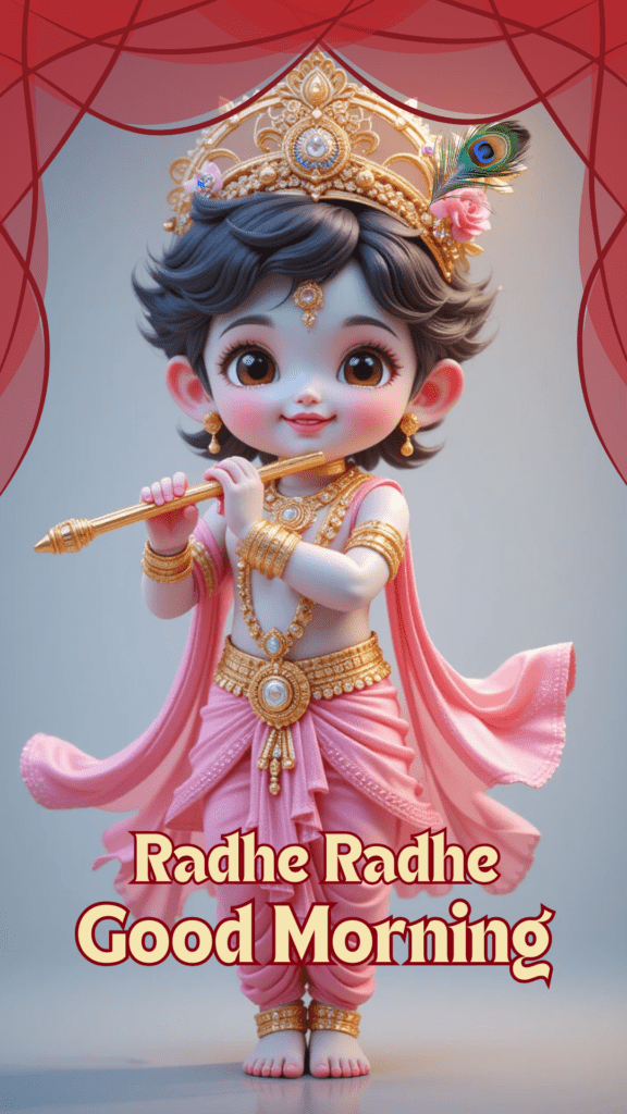 Radha krishna good morning images -  young Lord Krishna standing and playing flute. he is wearing Pink dhoti.