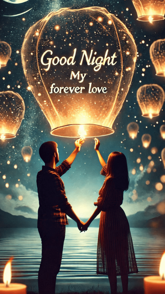 Romantic Good Night image of a couple holding hand and lighting the sky lanterns. so many sky lanterns in sky.