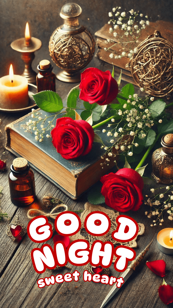 Romantic good night image depicts a warm and vintage-themed romantic setup. In centre red roses kept on an antique book, surrounded by Lit candles. These are placed on a rustic wooden table.