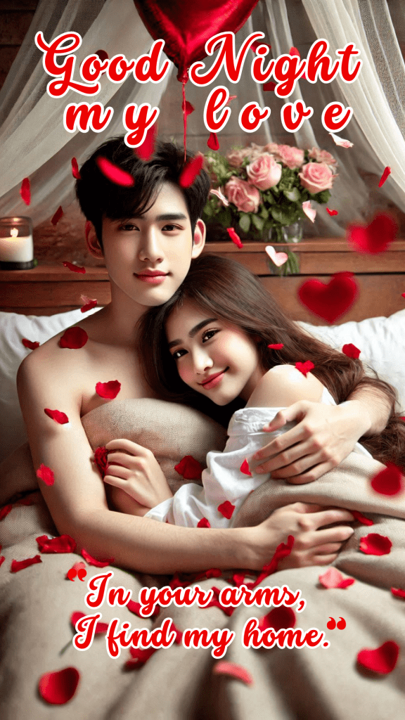 Romantic good night image featuring cozy moment between a young couple. The man lovingly embraces the woman, Both are sitting together in a warmly lit bedroom.