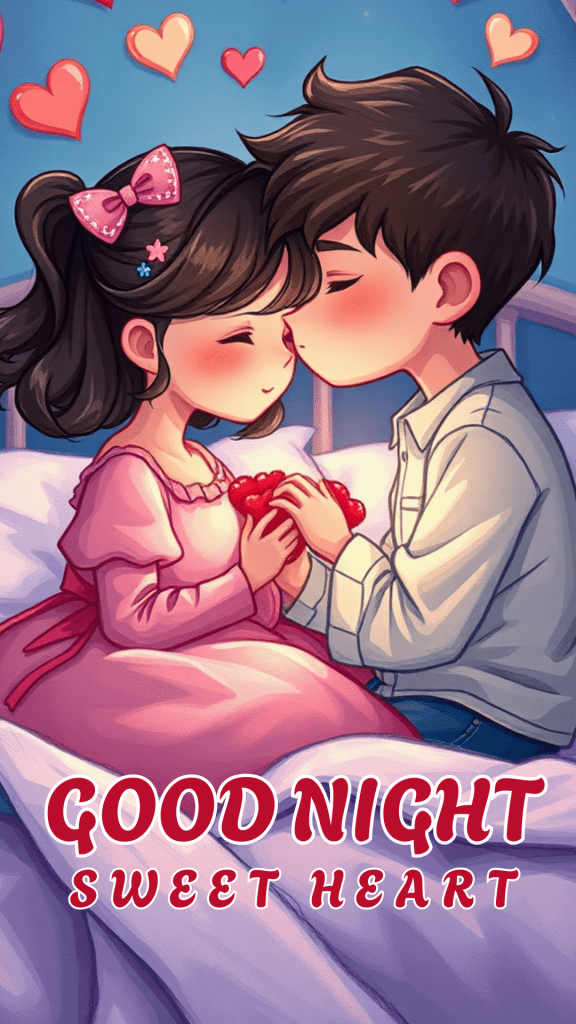 Romantic good night image of a boy and girl sitting on the bed, holding hands, boy kisses girl. The background is warm and cozy.