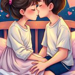 Romantic-good-night-image-of-a-boy-and-girl-sitting-on-the-bed-the-boy-kissing-the-girl.-The-background-is-warm-and-cozy-hearts-are-scattered.png