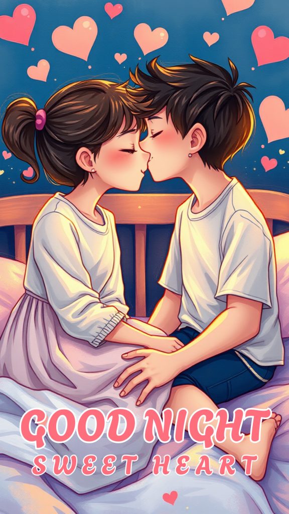 Romantic-good-night-image-of-a-boy-and-girl-sitting-on-the-bed-the-boy-kissing-the-girl.-The-background-is-warm-and-cozy-hearts-are-scattered.png