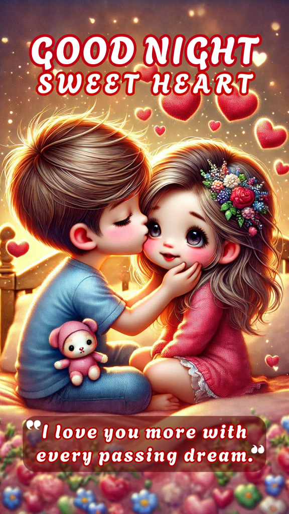 Romantic good night image of a boy and girl sitting on the bed, the boy kissing the girl. girl wearing pink dress.