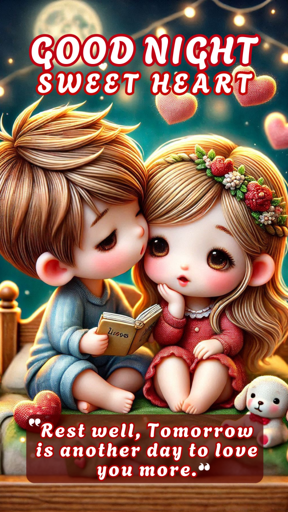 Romantic good night image of a boy and girl sitting on the bed, the boy kissing the girl. girl wearing red dress.