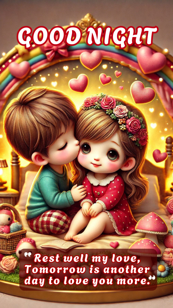 Romantic good night image of a boy and girl sitting on the bed, the boy kissing the girl. girl wearing red dress. The background is warm and cozy.