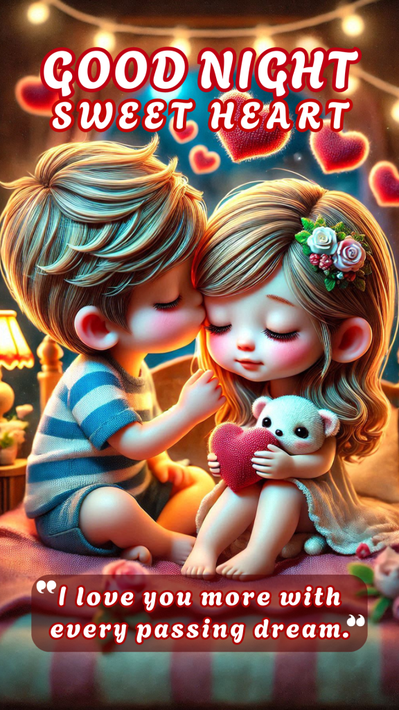 Romantic good night image of a boy and girl sitting on the bed, the boy kissing the girl. the background is warm and cozy, with string lights and curtains adding a romantic ambiance.