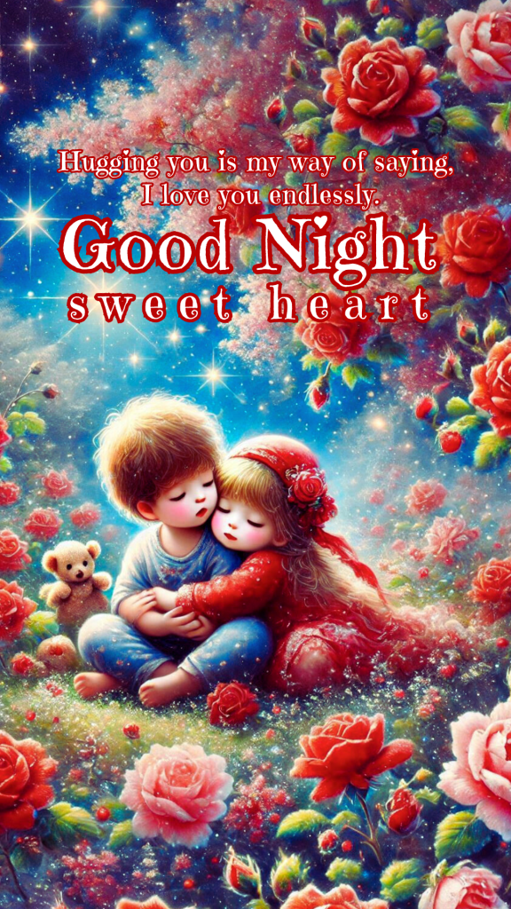 Romantic good night image of a boy and girl sitting together, girl hugging the boy. Red and pink roses are blooming around the couple.