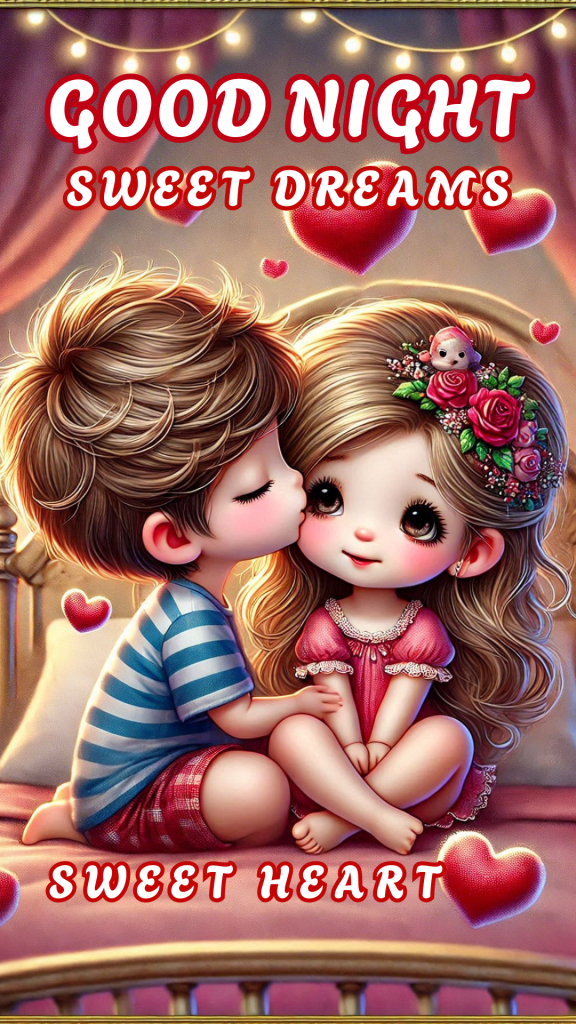 Romantic good night image of a boy and girl sitting together, the boy kissing the girl. The background is warm and cozy, red hearts are scattered.