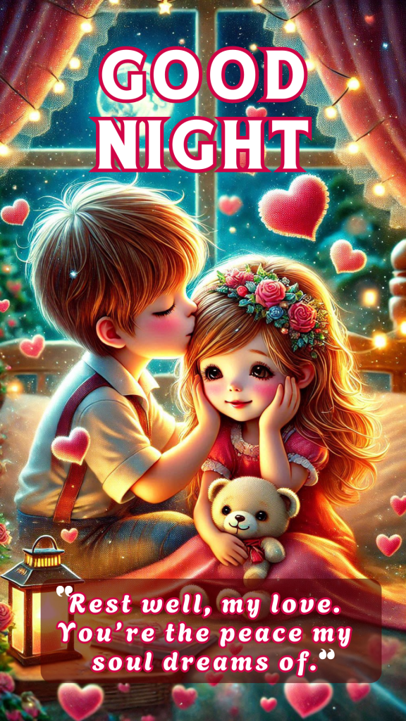 Romantic good night image of a boy and girl, the boy kissing the girl. The background is warm and cozy and pink hearts are floating.