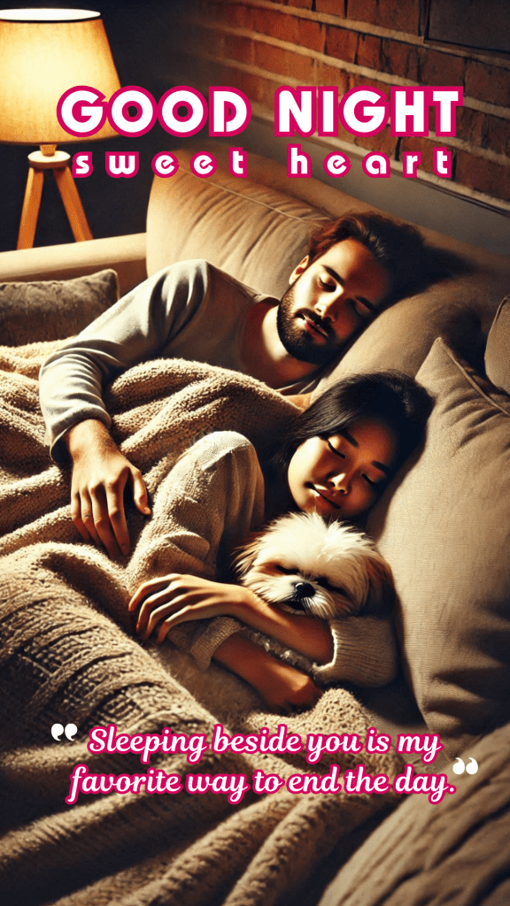 Romantic good night image of a couple and a fluffy dog peacefully sleeping on a couch, wrapped in a soft, beige knitted blanket. A dimly lit lamp on a wooden side table casting a warm, ambient glow.