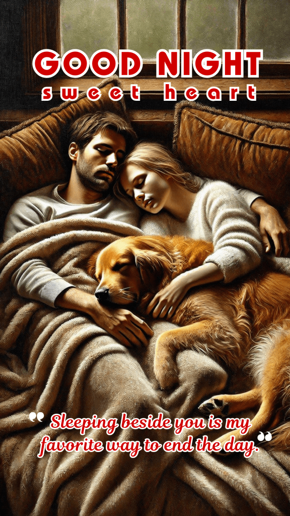 Romantic good night image of a couple and a golden retriever dog peacefully sleeping on a couch.