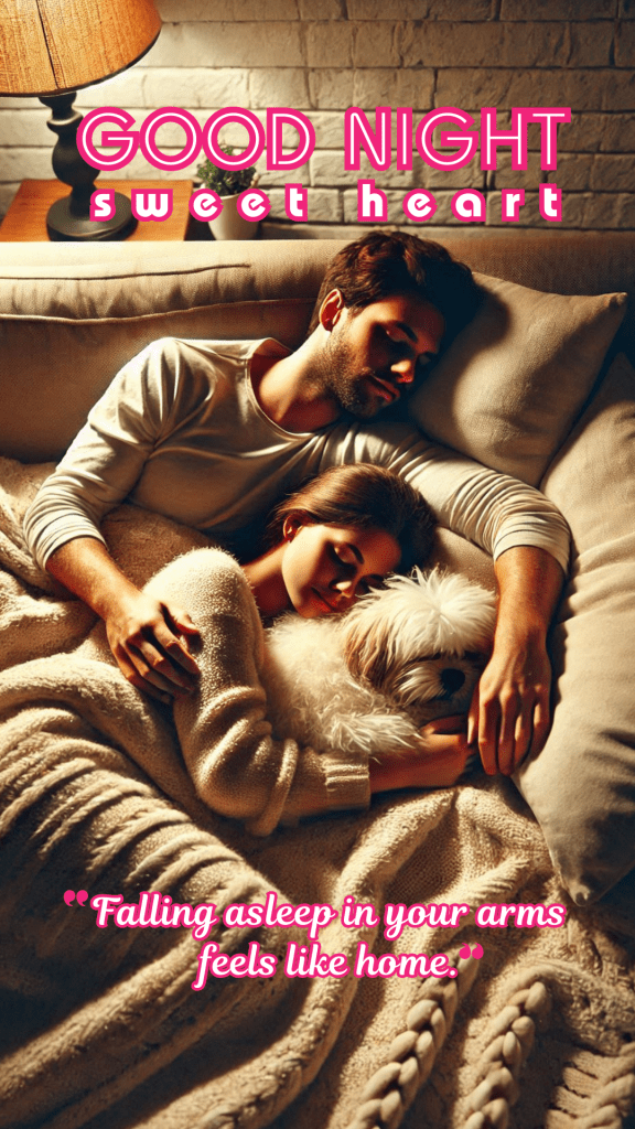 Romantic good night image of a couple is peacefully sleeping on a couch, wrapped in a soft, beige knitted blanket. The man holding the woman close and a fluffy white dog lies in her hand.