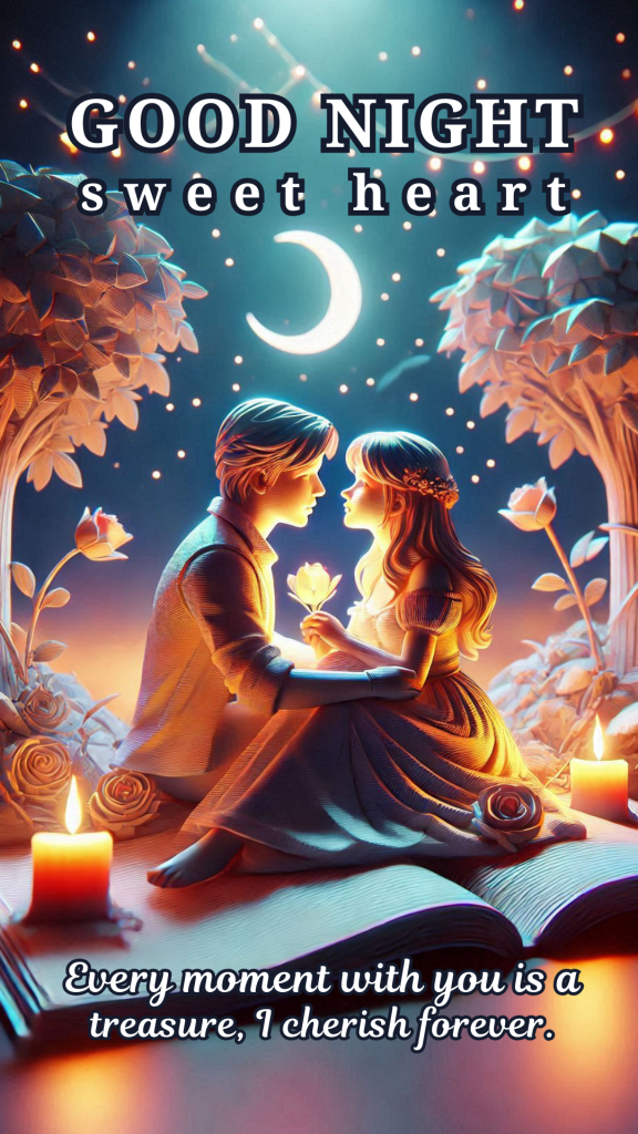 Romantic good night image of couple sitting together looking in each others eyes, surrounded by lit candles.