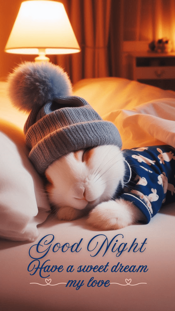 Very cute good night image of a bunny wearing a blue night suit & a beanie peacefully sleeping in a cozy bed. The room is illuminated by a soft, yellow bedside lamp on a small table. 