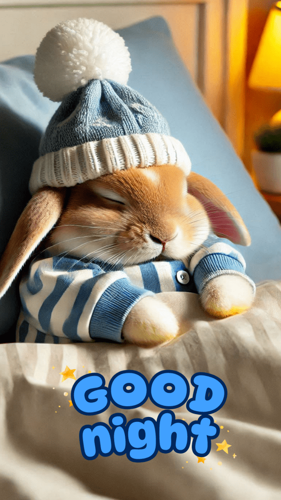 Very cute good night image of a bunny wearing a striped blue-and-white sweater & a beanie, peacefully sleeping in a cozy bed. The room is illuminated by a soft, yellow bedside lamp on a small table. 
