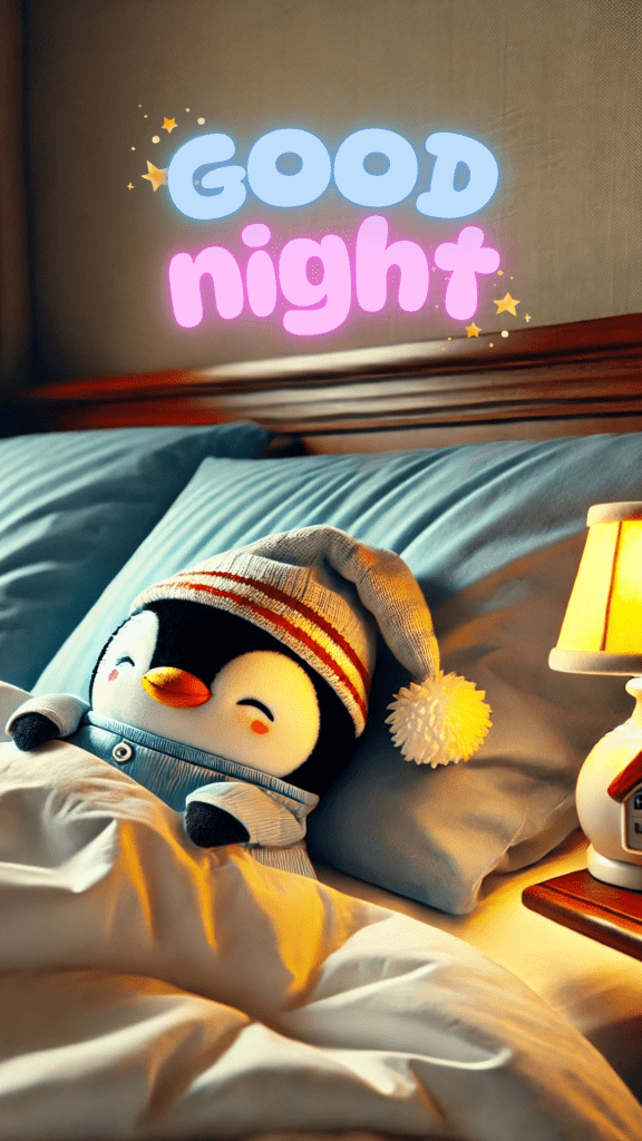 Very cute good night image of a penguin wearing a blue night suit & a beanie peacefully sleeping in a cozy bed. The room is illuminated by a soft, yellow bedside lamp on a small table. 