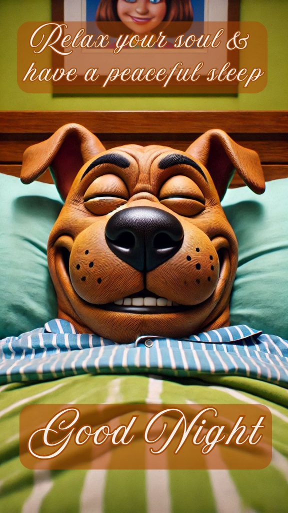 Very cute good night image of a scooby doo wearing striped blue and white night suit peacefully sleeping in bed tucked under a green blanket 1 Cute Good Night Images