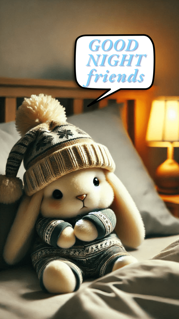 Very cute good night image of a small bunny wearing a blue sweater & a knitted beanie going to sleep in a cozy bed. The room is illuminated by a soft, yellow bedside lamp on a small table. 