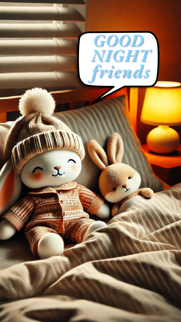 Very cute good night image of a small bunny wearing a sweater & a beanie
