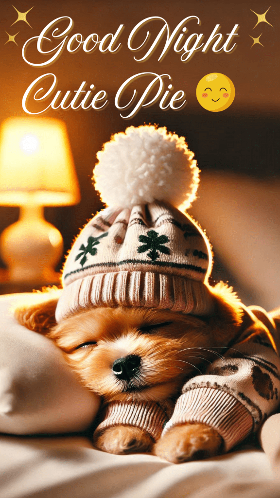 Very cute good night image of a small dog wearing a baby-pink sweater
