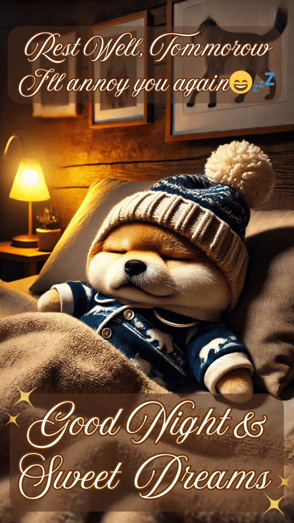 Very cute good night image of a small dog wearing a navy-blue sweater
