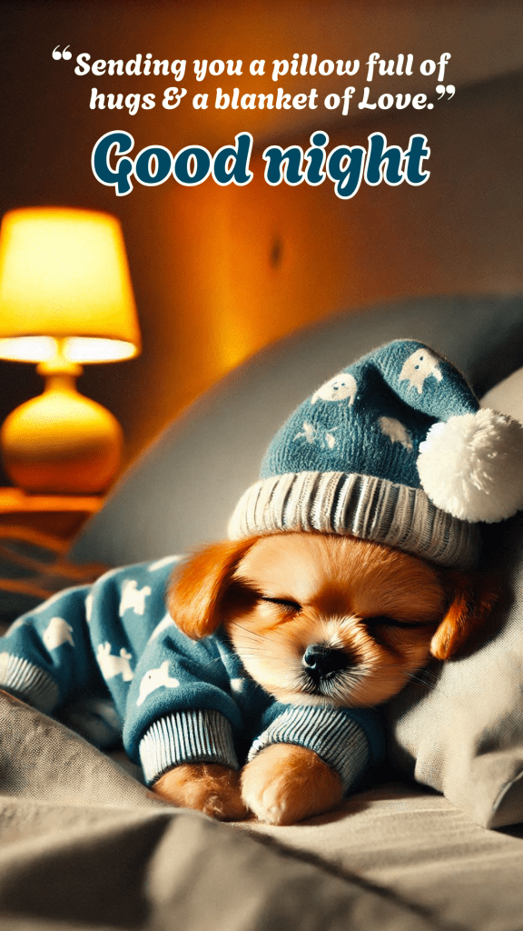 Very cute good night image of a small dog wearing a sky-blue sweater