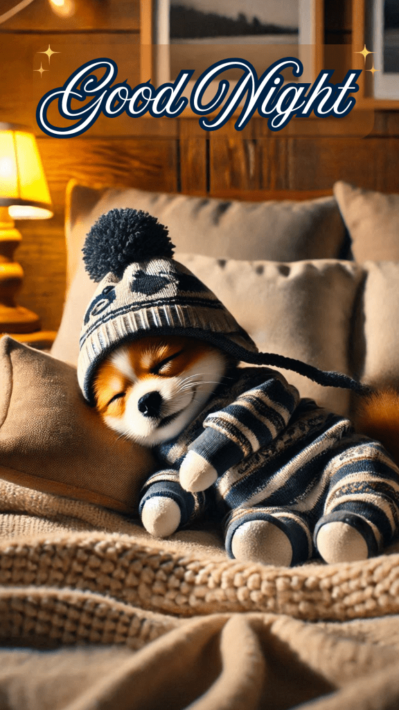 Very cute good night image of a small dog wearing a striped white and blue sweater 