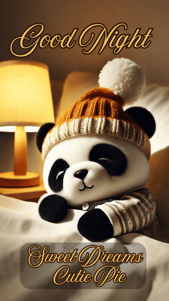 Very cute good night image of a small panda wearing a striped white and blue sweater