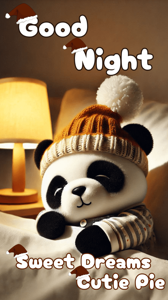 Very cute good night image of a small panda wearing a striped white and blue sweater